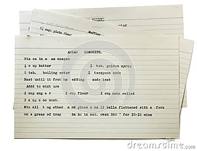 Vintage Typed Recipe for Anzac Biscuits Stock Photo