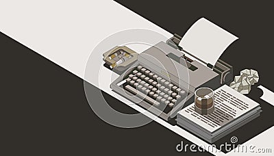 Vintage typewriter, cigarettes and drink Cartoon Illustration