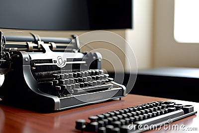 A vintage typewriter on a desk with a keyboard generated by ai Stock Photo