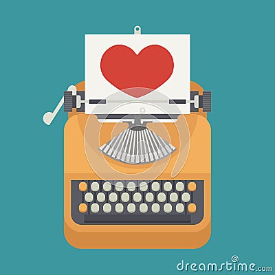 Vintage typewriter and red heart on paper sheet Vector Illustration