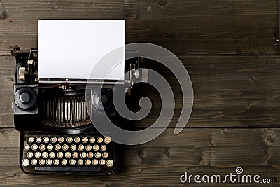 Vintage typewriter top down flatlay shot from above with empty, Stock Photo