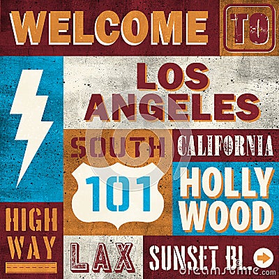 Vintage typo collage with los angeles landmark names on a grunge textured background Stock Photo