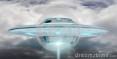 Vintage UFO flying on cloudy sky 3D rendering Stock Photo