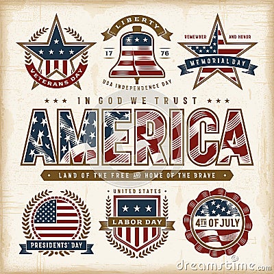 Vintage USA patriotic holidays labels set Vector Illustration