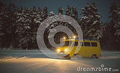 Vintage ussr yellow van winter snow forest Stock Photo