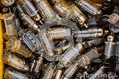 Vintage vacuum lamps for vintage electronic. Old electronic components background Stock Photo