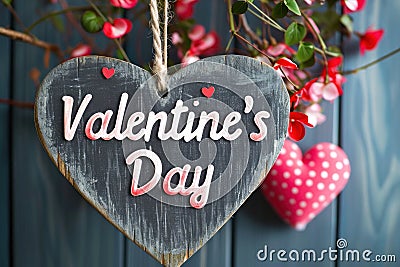 Vintage Valentine`s Day card with handmade wooden heart shape and elegant text on blue background. Romantic rustic design. Concept Stock Photo