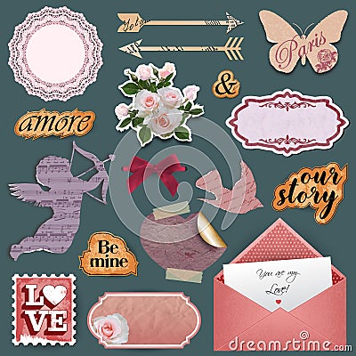 Vintage valentine`s day scrapbook objects Stock Photo