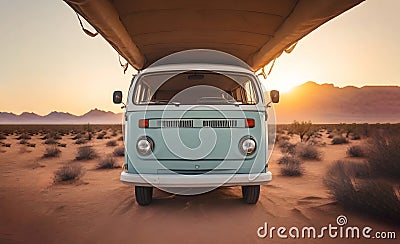 A vintage van traveling, nomadic escape alone in nature at sunset, on a desert path for a road trip towards adventure Stock Photo