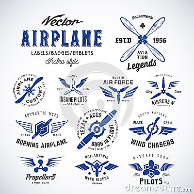 Vintage Vector Airplane Labels Set with Retro Vector Illustration