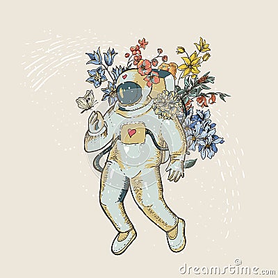 Vintage vector astronaut illustration with flowers. Science fiction, Hand drawn space Cartoon Illustration