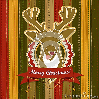 Vintage vector Christmas card with Deer showing his tongue Vector Illustration