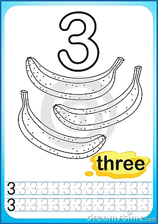 Printable worksheet for kindergarten and preschool. Exercises for writing numbers. Simple level of difficulty. Restore dashed line Vector Illustration