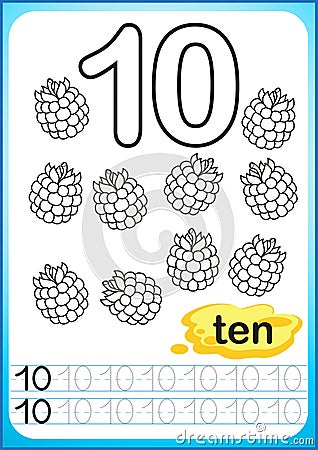 Printable worksheet for kindergarten and preschool. Exercises for writing numbers. Simple level of difficulty. Restore dashed line Vector Illustration