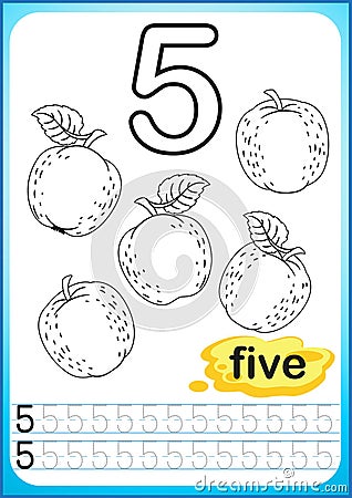 Printable worksheet for kindergarten and preschool. Exercises for writing numbers. Simple level of difficulty. Restore dashed line Vector Illustration