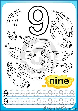 Printable worksheet for kindergarten and preschool. Exercises for writing numbers. Simple level of difficulty. Restore dashed line Vector Illustration