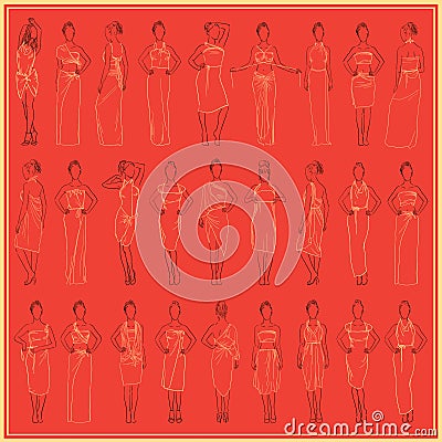 Vintage vector illustration. Different evening dresses set and casual sundresses skirt model in various poses Vector Illustration