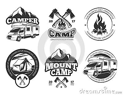 Vintage vector labels set with camper near mountain, tent and firtrees. Monochrome camping logo elements Vector Illustration