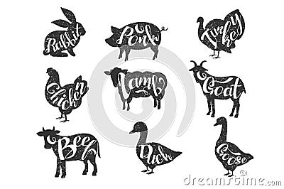 Vintage vector labels with silhouettes of farm animals with lettering. Rabbit, pork, turkey, chicken, lamb, goat, beef Vector Illustration