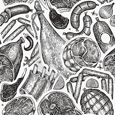 Vintage vector meat products seamless pattern. Hand drawn ham, sausages, jamon, steak, spices and herbs. Raw food ingredients. Cartoon Illustration