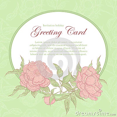 Vintage vector oval frame with pink peonies. The flower buds, branches and leaves on a tender green background and place Vector Illustration