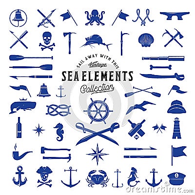 Vintage Vector Sea or Nautical Icon Elements Set for Your Retro Labels, Badges and Logos. Vector Illustration