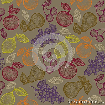 Vintage vector seamless fruit pattern in engraving style. Retro pattern with colorful fruits in retro style Vector Illustration