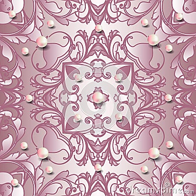 Vintage vector seamless pattern. Jewelry floral background. Repeat rose pink backdrop. Antique Baroque style ornaments. Vintage Vector Illustration