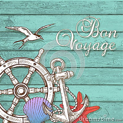 Travel background with hand wheel and anchor Vector Illustration