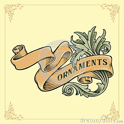 Vintage Victorian Ribbon Banner and ornament Engrave style Vector Illustration