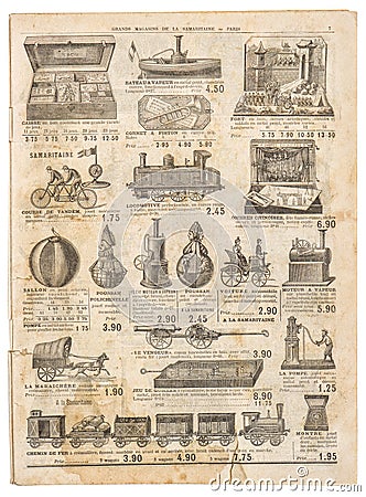 Vintage victorian toys collection Antique advertising Old engraved picture Stock Photo