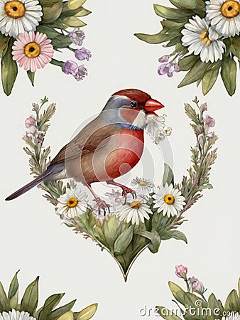 Vintage Victorian Waxbill Water color Elegance with a Heartfelt Bouquet of Daisy Flowers Stock Photo