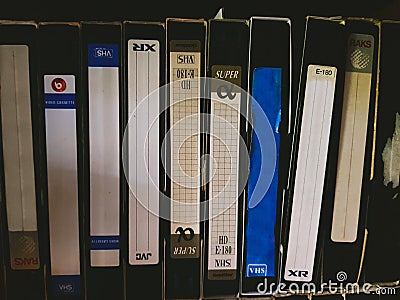 Vintage video cassette tape collection. VHS tape. Editorial Stock Photo