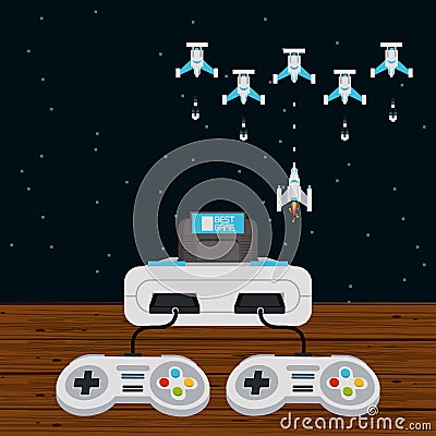 Vintage videogame console with aliens spaceship Vector Illustration