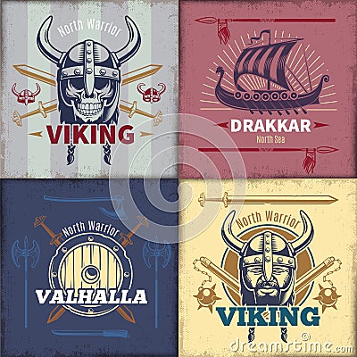 Vintage Viking Emblems Set Vector Illustration