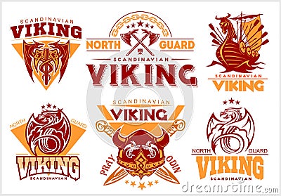 Vintage viking emblems set with scandinavian elements on white background Vector Illustration