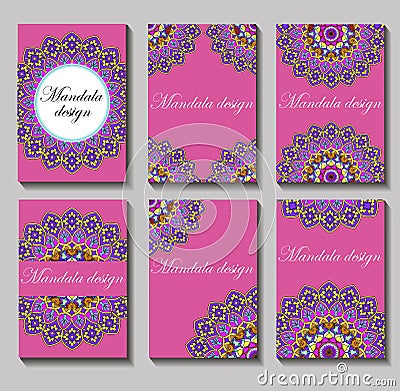 Vintage visiting card set. Floral mandala pattern and orn Vector Illustration