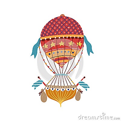 Vintage vivid victorian ornamental striped hot air balloon with star, flag. Flying dotted aerostat for t shirt print Vector Illustration