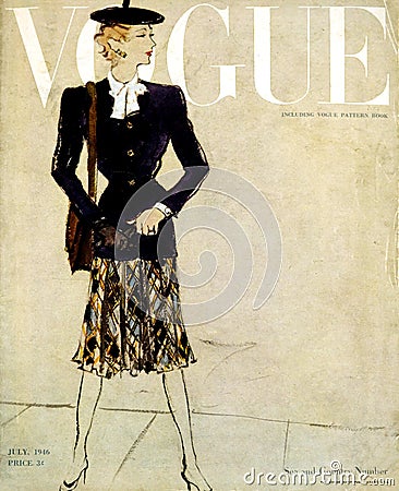 Vintage Vogue fashion magazine cover, from issue dated July 1946. Editorial Stock Photo