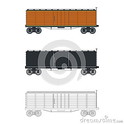 Vintage wagon container train. Three different options: color, silhouette, outline Vector Illustration