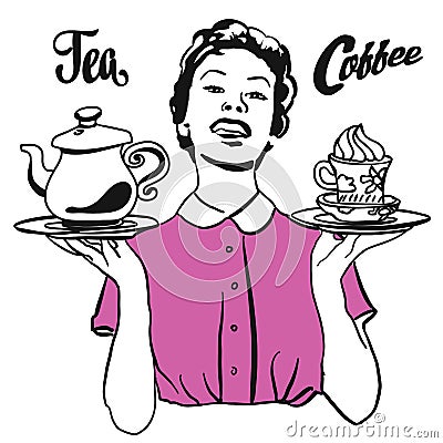 Vintage Waitress presents Coffee and Tea Vector Illustration