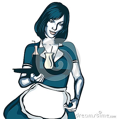 Vintage waitress with a tray, vector art. Waitress from a diner. Short skirt. Vector Illustration