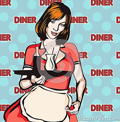 Vintage waitress with a tray, vector art. Waitress from a diner. Short skirt. Vector Illustration