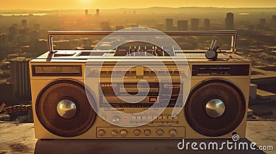 Vintage wall full of radio boombox of the 80s. Generative Ai Stock Photo