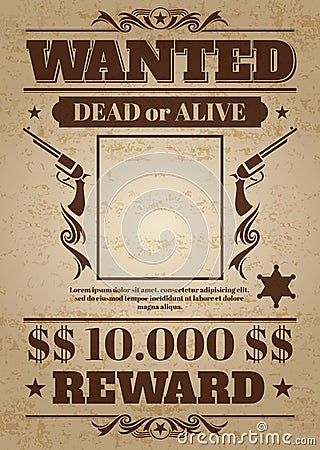 Vintage wanted western poster with blank space for criminal photo. Vector mockup Vector Illustration