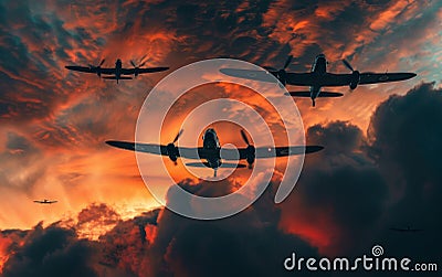 Vintage warplanes flying in formation, silhouetted against a dramatic sky with clouds and sunlight. Stock Photo