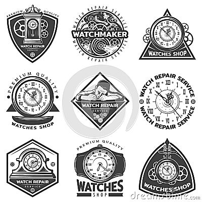 Vintage Watches Repair Service Labels Set Vector Illustration