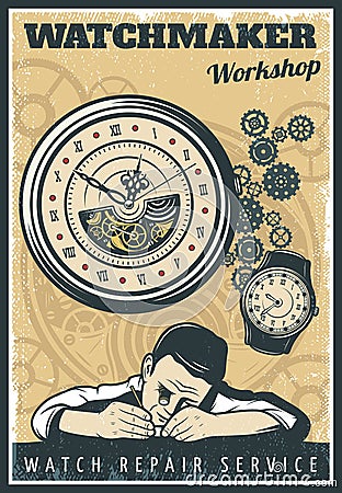 Vintage Watches Repair Service Poster Vector Illustration