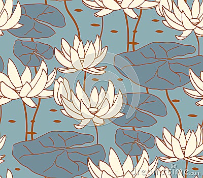 Vintage water lily seamless pattern. Classic chinese motif Vector Illustration