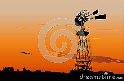 Vintage water pumping windmill Vector Illustration